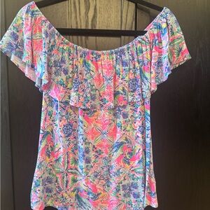 Off-the-Shoulder Ruffle Tropical Print Women's Top - Multicolor